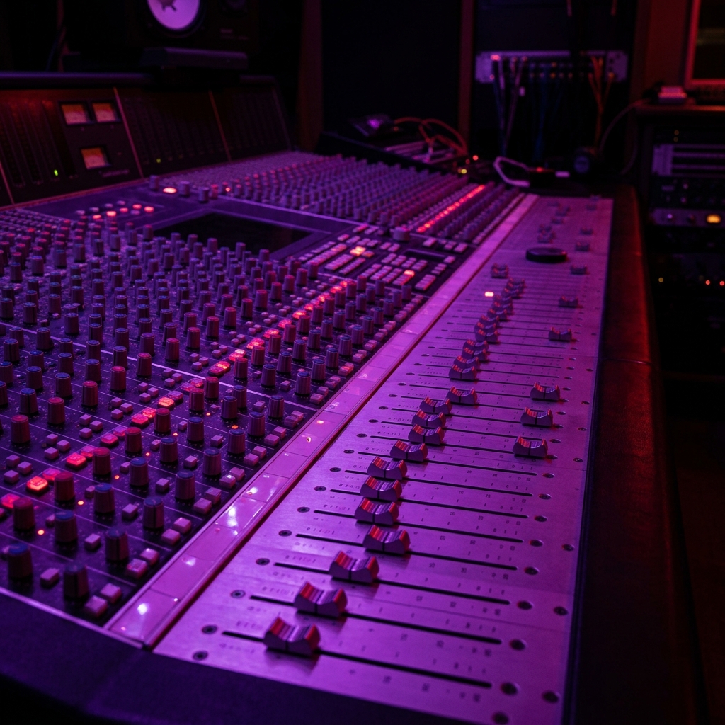 Professional mixing console in neon purple light